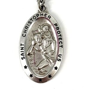 Vintage St Christopher Sterling‎ Silver Oval Medal Necklace Protect Us Saint